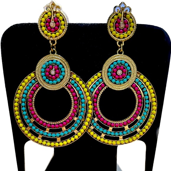 Jewelry - BOGO Festive Pink, Yellow and Turquoise Gold Dangle Earrings
